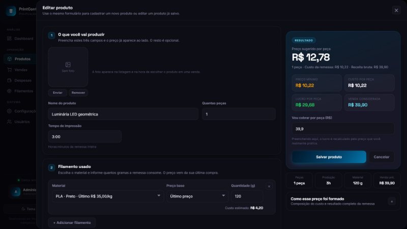 Calculadora de produto com nome, quantidade, tempo de impressão, filamento PLA preto de 120 gramas e o resultado com preço sugerido