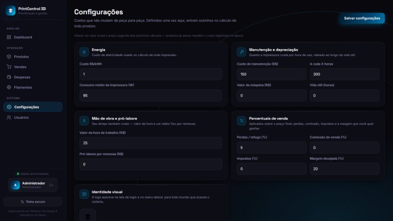 Tela de Configurações com custo do kWh, consumo da impressora, manutenção, valor da hora de trabalho, perdas, comissão, impostos e margem desejada
