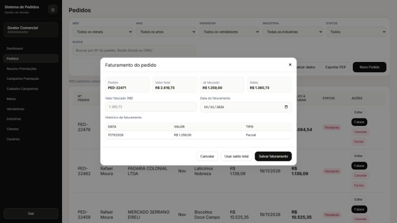Janela de faturamento do pedido com valor total, já faturado, saldo, valor faturado, data e histórico com um faturamento parcial