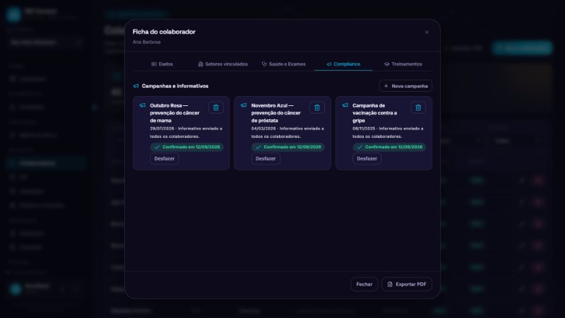 Aba compliance da ficha do colaborador com campanhas Outubro Rosa, Novembro Azul e vacinação contra a gripe, todas confirmadas