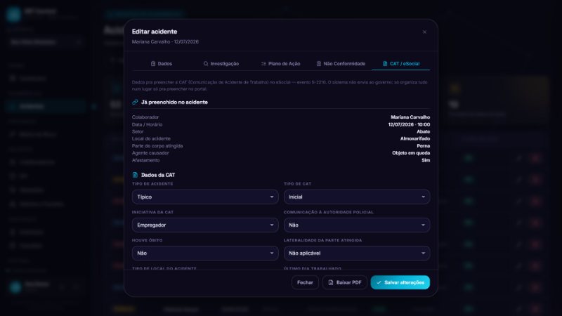 Aba CAT e eSocial do acidente com colaborador, data, setor, local, parte do corpo, agente causador e campos tipo de acidente, tipo de CAT, iniciativa e lateralidade