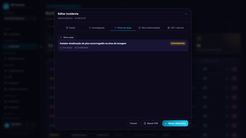 Aba plano de ação com a ação instalar sinalização de piso escorregadio, responsável, prazo e status em andamento